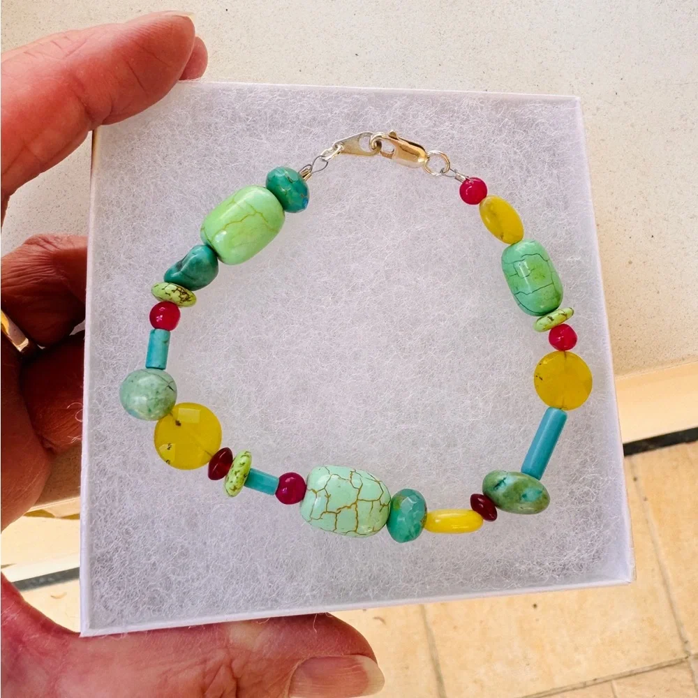 Handmade Turquoise & Aqua Gemstone Bracelet | Sterling Silver | 8”